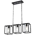 MAYNA 3-Light Farmhouse Kitchen Island Lighting, Black Industrial Rectangular Chandelier for Dining Room,Linear Pendant Light with Glass Shade for Dining Room Light Fixtures Over Table