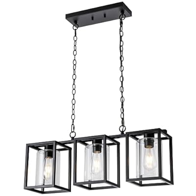 MAYNA 3-Light Farmhouse Kitchen Island Lighting, Black Industrial Rectangular Chandelier for Dining Room,Linear Pendant Light with Glass Shade for Dining Room Light Fixtures Over Table