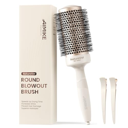 AIMIKE Rundbürste zum Föhnen NaturaVol Große runde Haarbürste zum Föhnen & Stylen für mehr Volumen & Glätte mit 2 Clips (53mm Fass 73mm mit Borsten)