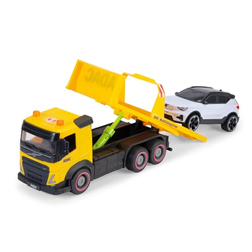 Dickie Toys - ADAC Abschleppwagen (22 cm) - großer Volvo Spielzeug-Truck mit Friktion und beweglicher Ladefläche inkl. kleinem Auto mit Freilauf - Spielzeugauto-Set für Kinder ab 3 Jahre
