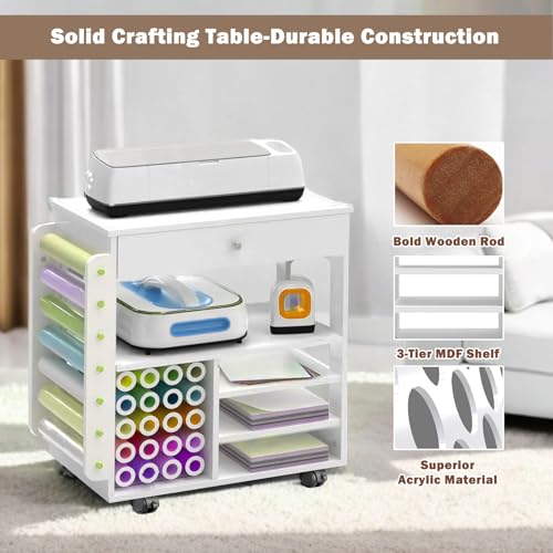 Image of Craft Table,Craft Cart for Cricut Organization and Storage,Craft Desk with Vinyl Roll Holders&Drawer&Hooks,Craft Cabinet Table and Heat Press Stand Workstation for Cricut Craft Room-White