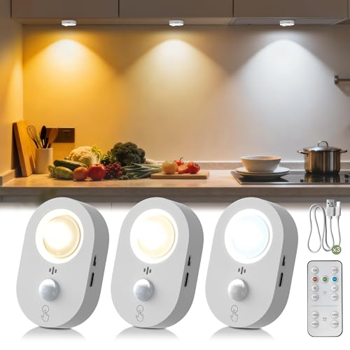 L LOHAS LED 3-Pack Motion Sensor Rechargeable Puck Lights, Remote, Dimmable