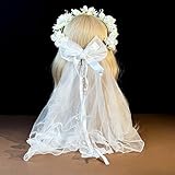 yuruyi Flower Crown for Women with Bridal Veil, Adjustable Hair Accessories Headband Hair Wreath Wand for Wedding Handmade Hairbands Headpiece Floral Crown for Girls (White Pearl, Adjustable)