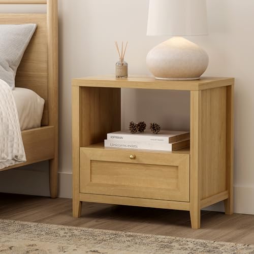 Image of EYYTHUNG Wooden Nightstands with Drawer Modern 24 inch Wide End Table Night Stand Large Farmhouse Bedside Table with Open Shelf Mid Century Night Stands for Sofa, Natural Oak