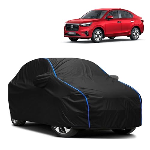 Image of Kerwa Car Body Cover Waterproof Compatible with Honda Amaze 2024 | Scratch Proof, Anti-Dust, UV Protection with Windproof Buckle Strap and Mirror Pockets, Bottom Elastic Fitted-Black