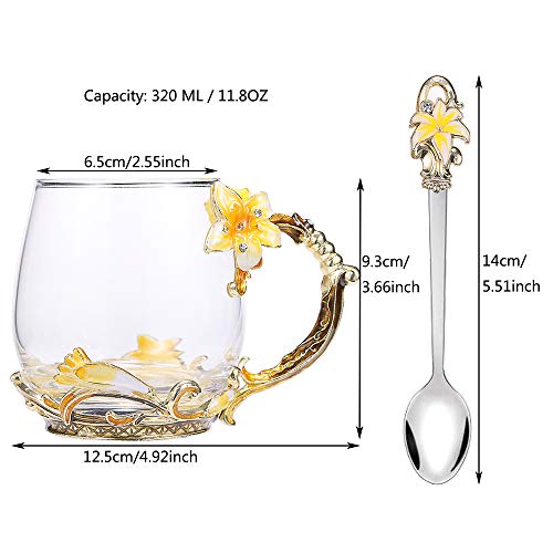 SEMAXE Handmade Glass Cup with Spoon Set and Cloisonne Handle,can be used as Teacup, Coffee Mug, Drinking Cup and Mother\'s Day, Christmas, Wedding Anniversary, Birthday Gifts (Lily) - Thumbnail 4