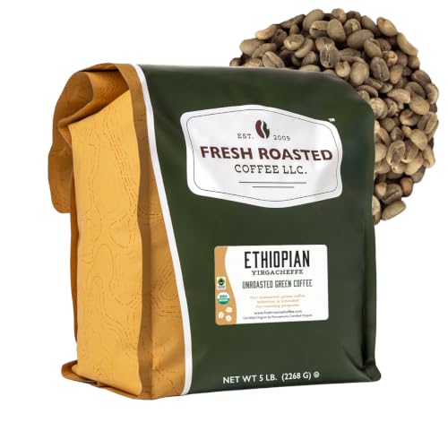 Fresh Roasted Coffee, Organic Ethiopian Yirgacheffe Unroasted Green Coffee Beans for Home Roasting, USDA Organic, 100% Single Origin, Kosher, 5 lb (80 oz)