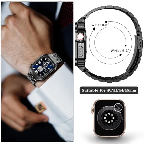 Image of SUPLINK Stainless Steel Case & Band Compatible with Men Apple Watch Band 45mm, Metal Rugged Protective Bumper for iWatch Apple Watch Series 9 8 7 45mm Band, Black