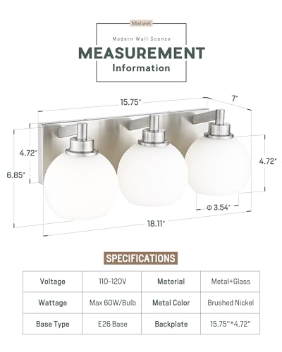 Image of Bathroom Light Fixtures, 3-Light Brushed Nickel Vanity Light, Modern Wall Sconces with Milk White Globe Glass Shade, Vanity Lighting Fixtures Over Mirror, VL195-BN-ML-3
