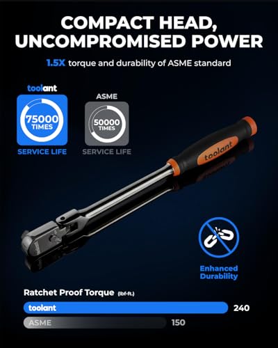 Image of toolant 3 /8 inch Drive Flex Head Ratchet Wrenches with Orange Rubber Handle, 90 Tooth Compact Flex Head Socket Ratchet Wrench, 12 Inch Length