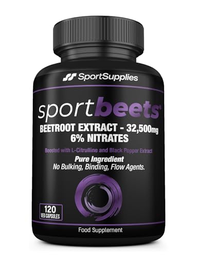 SportBeets Beetroot Extract 32 500mg Capsules Standardised to 6% Nitrates - L-Citrullne 1 000mg & Black Pepper to Enhance the Benefits of Beetroot. (32 500mg from 500mg of a 65:1 Extract Ratio)