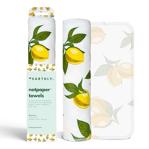 Image of Earthly Co. Reusable Paper Towels - 10 Pack - Roll of Washable Cotton Cloth Paper Towels - Paperless Reusable Napkins Cloth Washable - Absorbent + Long Lasting - Zero Waste Products - (Lemon)