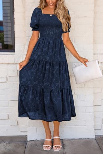 PRETTYGARDEN Women's 2025 Summer Casual Midi Dresses Square Neck Short Sleeve Smocked A Line Floral Flowy Elegant Boho Dress3