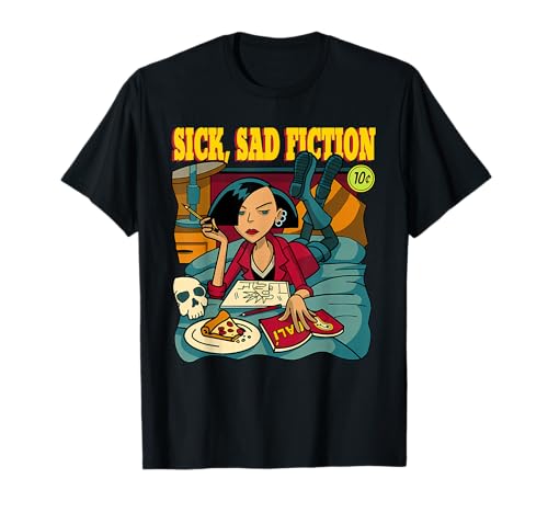 Sick Sad Fiction Unisex-Adults Black Modern Humorous Cartoon T-Shirt