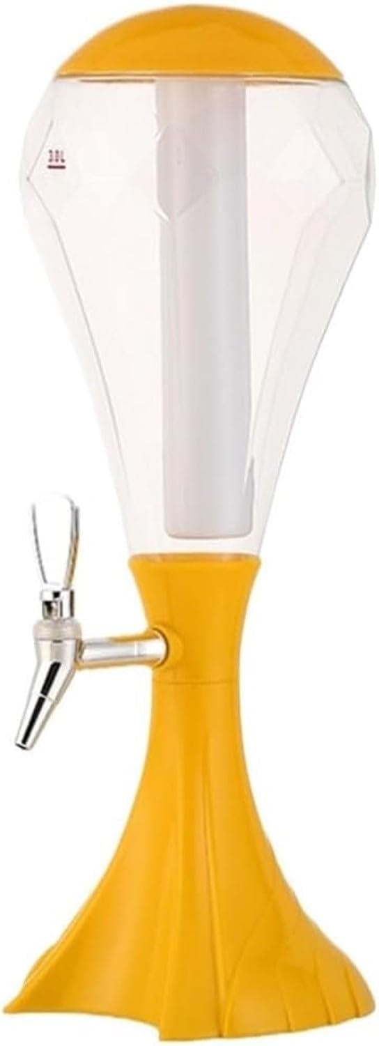 WOMGKDA Drinks Tower Dispenser 3L Beer Juice Server Party with Removable Ice Tube Chilled Water Container, Yellow, 20.5x58cm