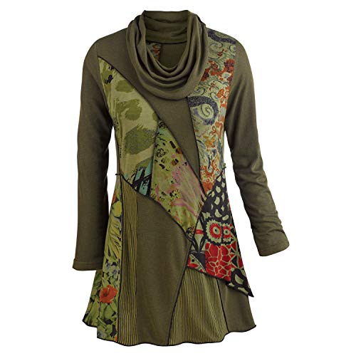 Parsley & Sage Women's Tunic Top - We Love Olive Patchwork Printed Cowl Neck Blouse (X-Large)