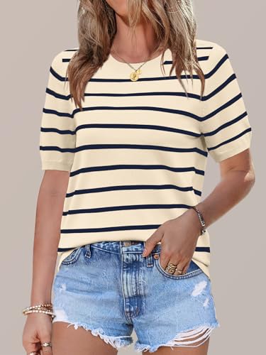 Womens Fashion Clothing Summer Tops Short Sleeve Pullover Sweater Striped Knit Shirts Casual Business School Outfits 2025