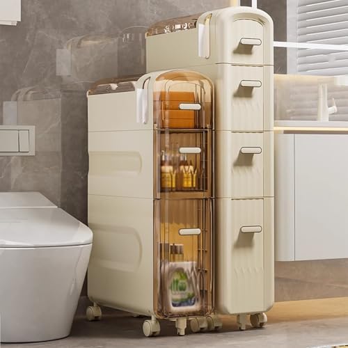 Narrow Bathroom Organizer with Wheels, Bathroom Storage Cabinet for Small Space, Toilet Paper Cabinet, Rolling Storage Cart with Paper Holes, for Kitchen, Living(Clear,43 * 18 * 91.5cm/16.9 * 7.1*