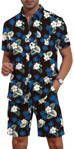 YTD Mens Flower Hawaiian 2 Piece Outfit Sets Short Sleeve Beach Casual Button Down Shirt and Shorts Suits3