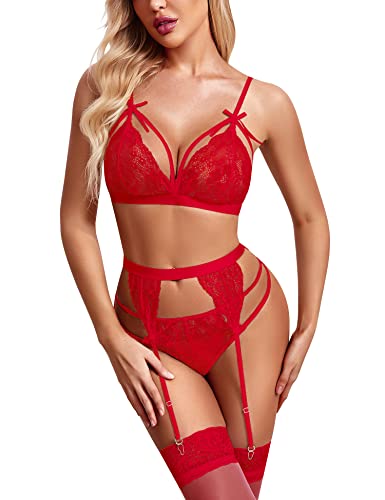 Avidlove Lencería para mujer, ropa interior de encaje, lencería para mujer, lencería para mujer, cinturón de ligas, ropa de dormir para bebé, cuello de pico, lencería, 3 piezas, tanga, rojo, S Cover