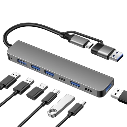 DEMKICO Hub USB 7 en 1 de Doble Conector, USB A y USB C, 1× USB 3.0, 4× USB 2.0, 2× Puertos de Datos USB C, Adaptador Multi Dispositivo de Alta Velocidad para Portátiles, Tabletas y Teléfonos