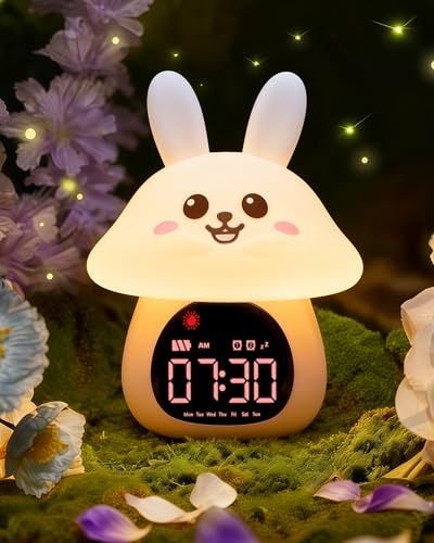 Yiliaw Réveil éducatif pour Enfants avec veilleuse – Horloge « Ok to Wake », Double Alarme, lumières RGB, 6 Sons d’Alarme & Bruit Blanc, Rechargeable,...