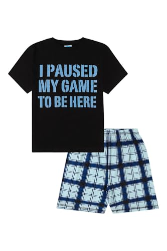 ThePyjamaFactory Boys I Paused My Game to Be Here Gaming Grey Black Checked Short Pyjama Set (15-16 Years)
