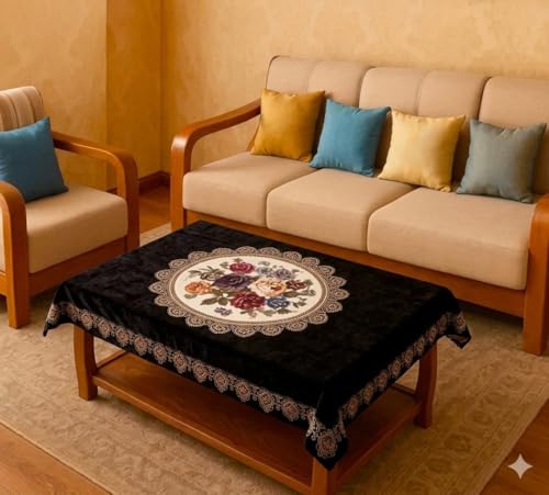 Image of Velvet Decorative Rectangular Table Cover with Traditional Design, Living Room Centre Table Cloth, Beige and Multicolour Size (36 * 56) (Balck Mandala t-c)