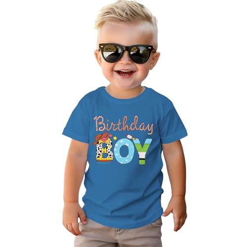 Geburtstags T-Shirt für Jungen 1-6 Jahre Birthday Boy Kinder Shirt Niedliches Cartoon Druck Tshirt Sommer Kurzarm Top Baumwolle Kinderkleidung Baby Geburtstagsparty Outfit(Blau 2 Jahre)