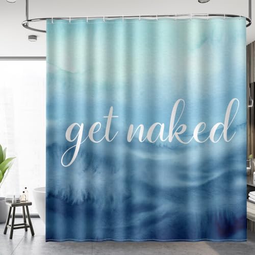 Image of Aimego Get Naked Shower Curtain Gradual Tie Dye Blue Ombre Funny Art Font Theme Shower Curtain Set with 12 Hooks for Bathroom Decor Accessories Bathtub Curtain, 72 inchx72 inch