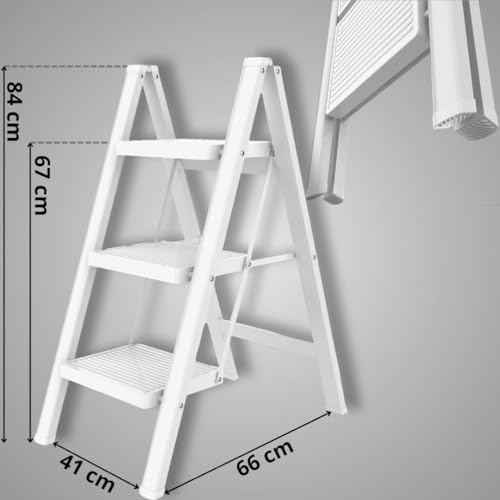 ISOP 3-stufige Klappleiter aus Aluminium | Weiße Trittplattform mit Breiten, rutschfesten Stufen | Belastbar bis 227 kg | Leicht, kompakt, klappbar vielseitig einsetzbar für Haushalt oder Handwerk
