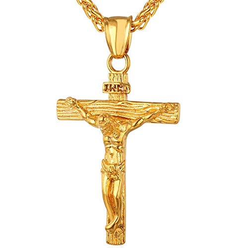 DGP Collar con Colgante de Cruz Religiosa crucificada de Jesucristo Chapado en Oro de Acero, Unisex, 24 Cadenas