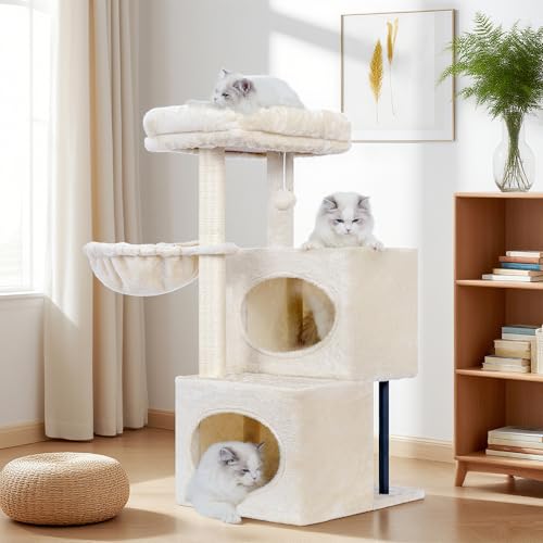 Heybly Albero tiragraffi per gatti, 92 cm con design a gradini, grande piattaforma, 2 grotte, paletti da grattare con copertura totale in sisal, giocattolo di peluche con campana, beige HCT201SM