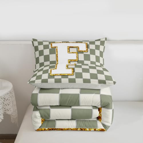 Image of Erosebridal Sage Green Checkered Kids Comforter Sets Plaid Initial F King Bedding Set for Adults Personalized Monogram Comforter Set,Fashion Grids Gingham Quilt Duvet 3 Pcs