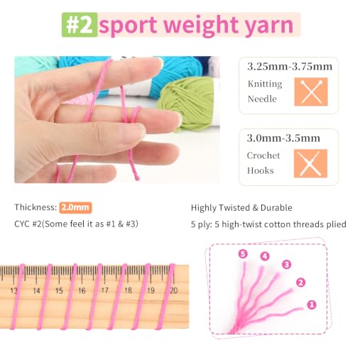 Image of Coopay 1OO% Cotton Yarn for Crocheting, 20 Pack High Twist Crochet Yarn | Mini Baby Soft Yarn - 5ply of 25g /64Yds - #2 Sport Crochet Yarn for Beginners & Starter, Thin Colorful Yarns Set for Crafts