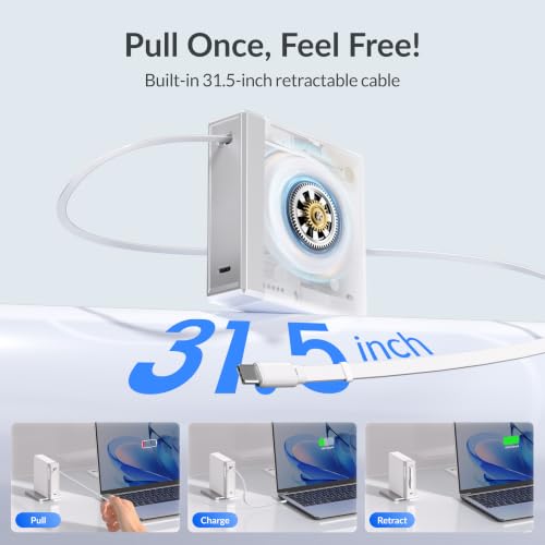 Image of Gitryin 140W GaN Retractable USB C Laptop Charger, for MacBook Pro Charger | Computer Charger with 31.5in Type-C Cable, 2 USB C Ports, Fast Charging for MacBook Pro /Air, iPad, iPhone 17 /16, White
