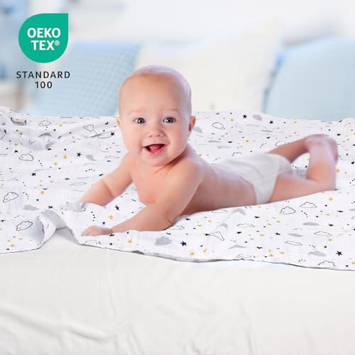 Image of david's kids 4 Pack Baby Muslin Swaddle Blankets, 100% Cotton and Ultra Soft Breathable Receiving Blanket Wrap for Boys Girls, New Born Essentials, Large 47 x 47 inches, Space /Stars /Wave