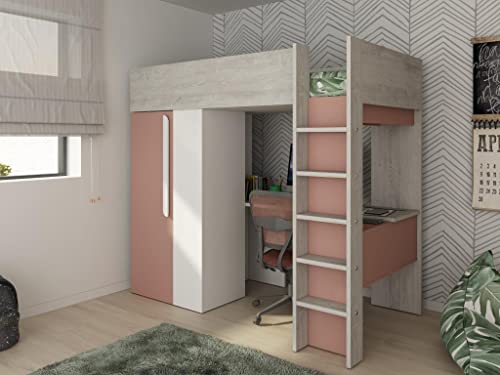 Vente-unique Lit Mezzanine 90 x 200 cm avec Armoire et Bureau - Rose et Blanc - Nicolas