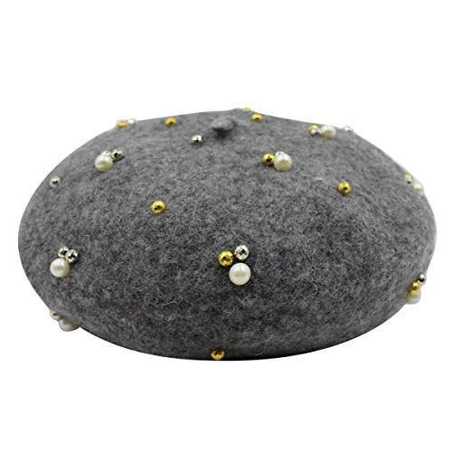 Kids Wool Beret Hat French Style Girls Pearl Beret Hat Cute Artist Cap Classic Solid Color Warm Beanie Headwear Grey