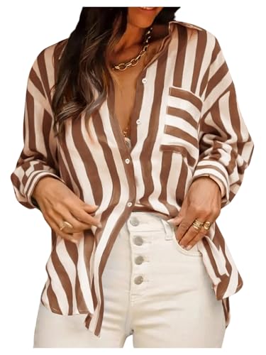 GORGLITTER Blouses for Women Business Casual Striped Button Down Shirt Dressy Collar Neck Long Sleeve Blouses