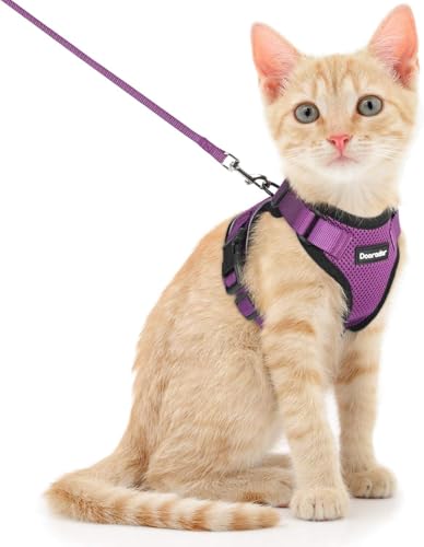 Image of Dooradar Cat Harness and Leash Set, Escape Proof Safe Adjustable Kitten Vest Harnesses for Walking, Easy Control Soft Breathable Mesh Jacket with Reflective Strips for Cats, Purple, XS