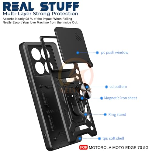 Image of Armor Bumper Back Cover Case for Moto Edge 70 5G Rotating Camera Cover, Ring Holder & Kickstand | Heavy Duty & 360 Degree Protection Moto Edge 70 5G Back Cover (Black)