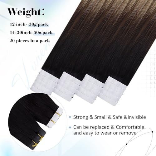 Vivien Tape in Hair Extensions Human Hair Balayage Hair Extensions Tape in Real Hair Black to Dark Brown with Caramel Blonde Tape in Human Hair Extensions Long Straight 50g 20Pcs 24Inch #1B/4/27 - Image 3