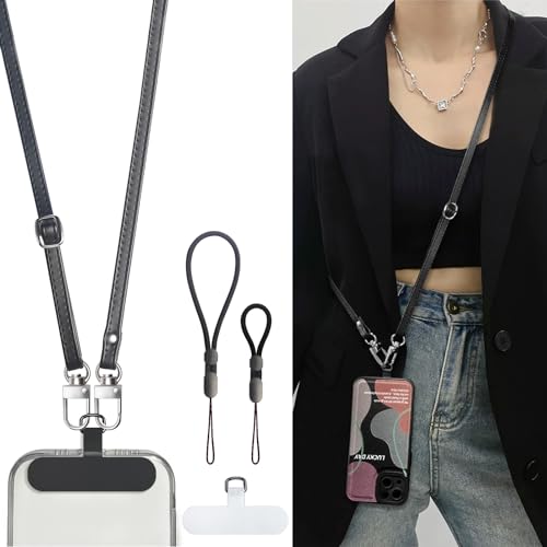 Crossbody Phone Strap with 2 Pads, Leather & Adjustable Finger Strap - Compatible with Most Smartphones (Black)