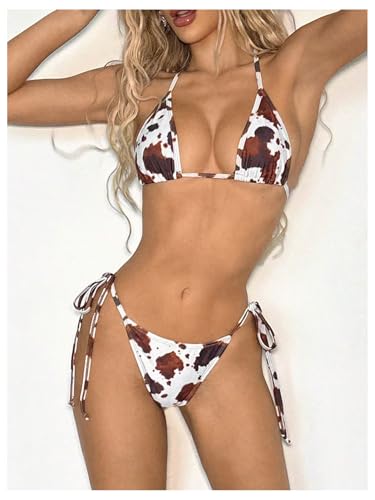 Verdusa Women's Y2K Animal Cow Print Triangle Halter Bikini Tops Tie Backless Swimwear Top4