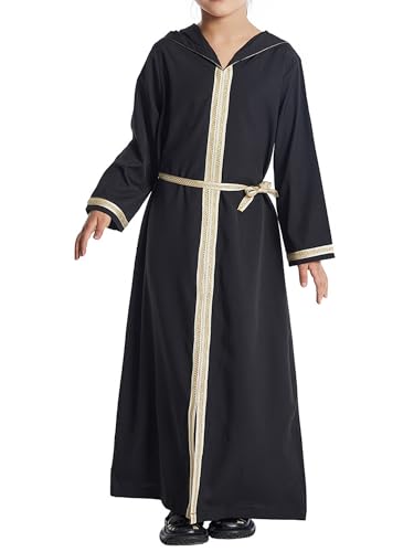 WSPLYSPJY Kids Girls Hooded Abaya Dress Embroidered Muslim Prayer Clothes Dubai Robe with Belt