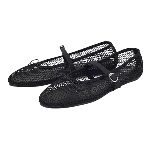 Mesh Mary Jane Flats for Women Shoes Dressy Comfortable Trendy Summer Fishnet Black Ballet Flats with Strap