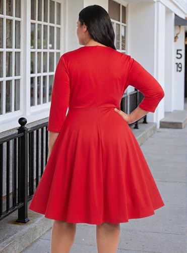 Image of Womens Plus Size Dresses Faux Wrap Summer Dress 3 /4 Sleeves V Neck 1950s Retro Vintage Wedding Party Midi Dress