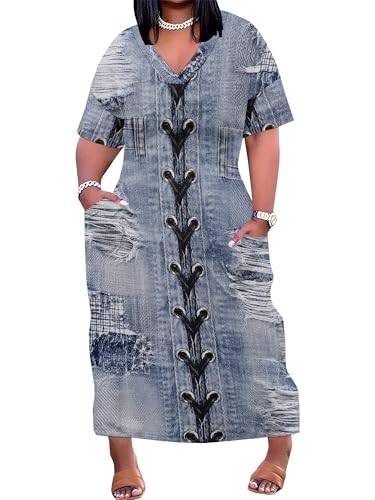 Image of SUZONANA Plus Size Denim Print Maxi Dresses for Women Casual V Neck Short Sleeve with Pockets Soft Jean Look Dress XL-6XL