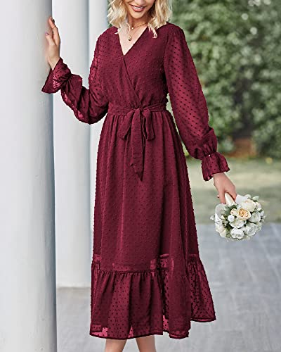 Btfbm Women's Casual Party Dresses 2023 Long Sleeve Wrap V Neck Swiss Dot Leopard Boho Swing A-Line Maxi Dress With Belt(Swiss Dot Wine Red, Small) #TOP2